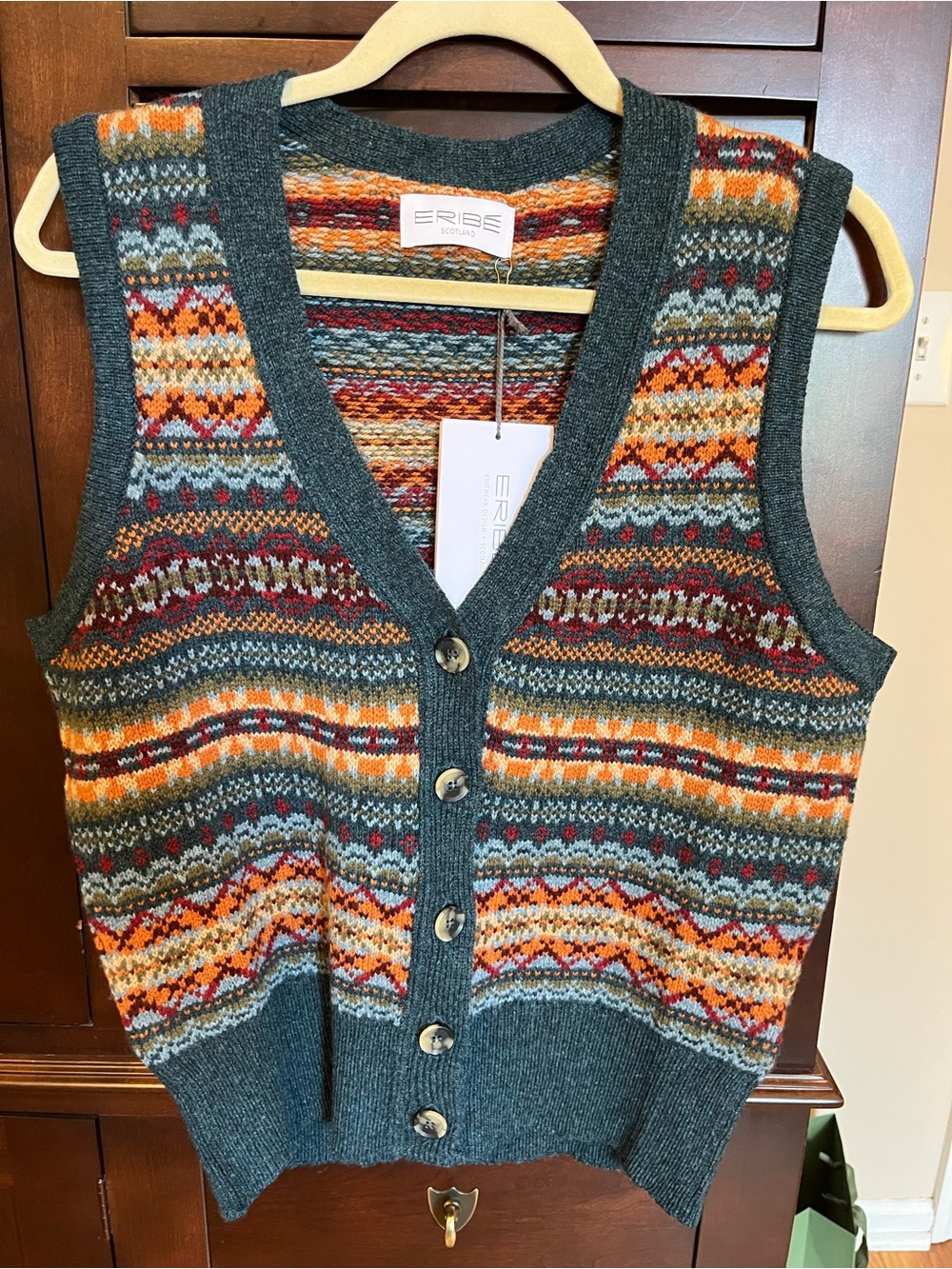 Pyne & Smith ERIBE Prelude Scotland Fair Isle Button Front Wool Vest Large
